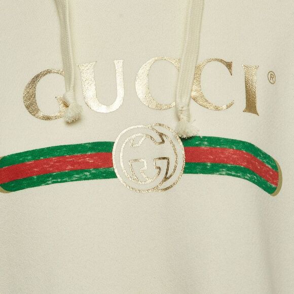 Gucci Cream Logo Print Embroidered Cotton Knit Hoodie XS - Picture 3 of 4